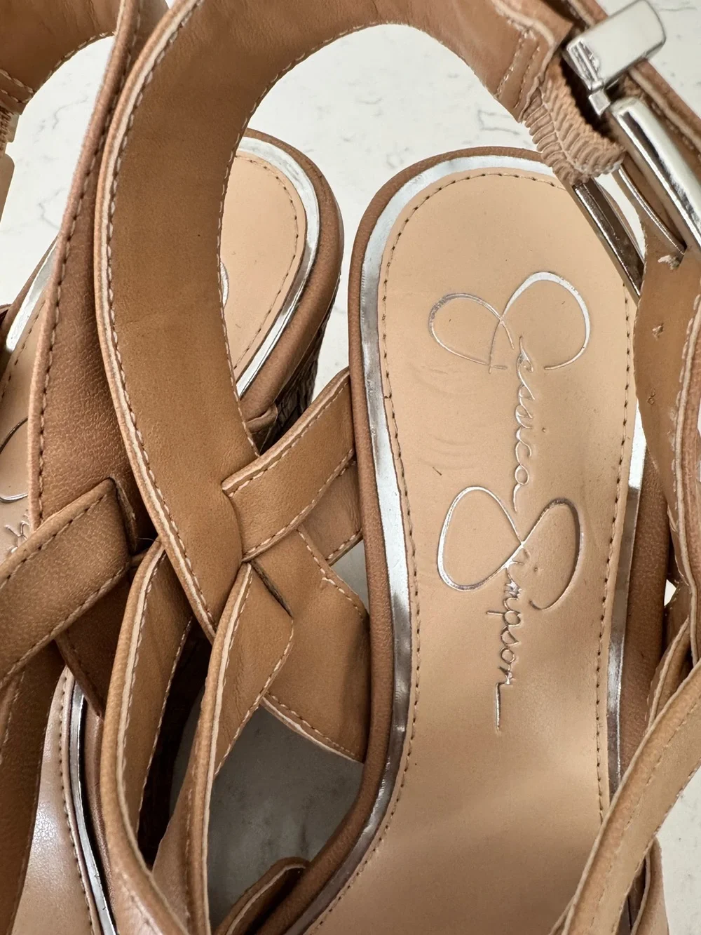Jessica Simpson Tan Woven Leather Strappy Wedge Sandals